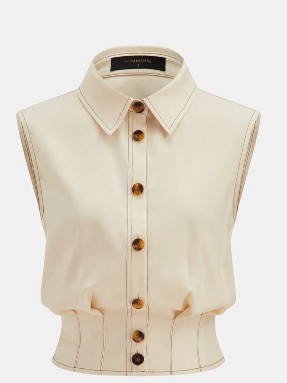 Commense Contrast Stitch Collared Sleeveless Cinched Waist Shirt S